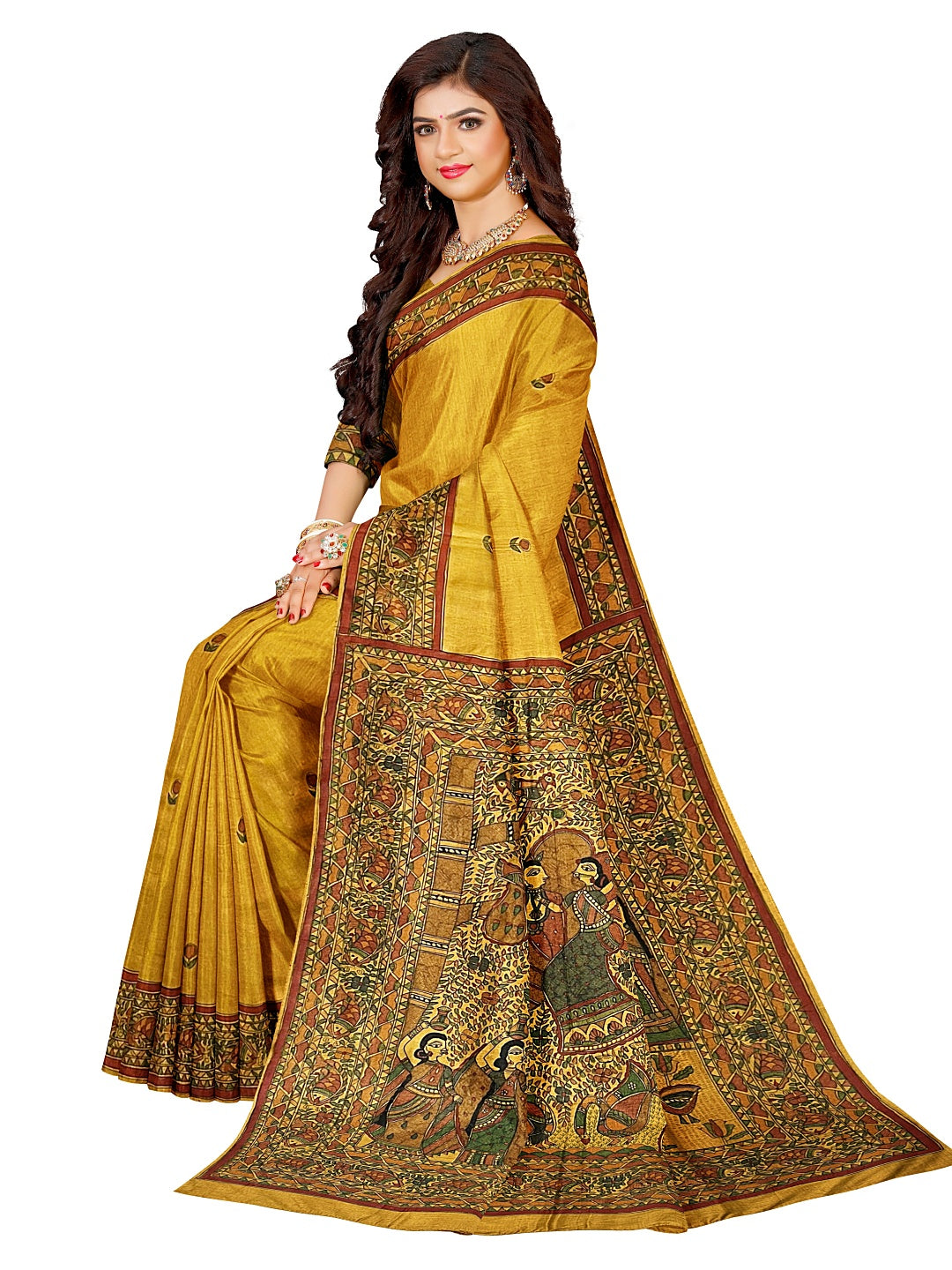 Hand-Painted Radha Krishna Jhulan Madhubani Saree